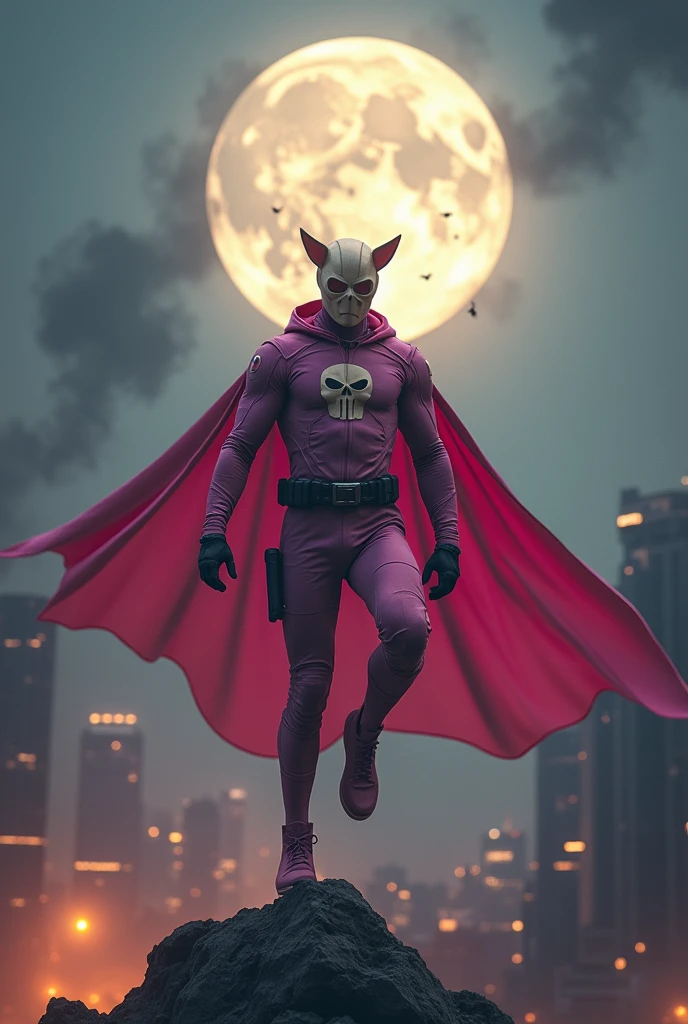 Malaysia man in high-tech suit, vivid effects, malaysian superhero(( (KELUANG MAN)) in a jumpsuit cargopink and brown beige costume cyberpunk design((, mask small mini bat ear beige,))(( beige bat mask domino beige cover head helmet))jumpsuit dark pink stands confidently in a dramatic.jumping from high place.hero costume.one hand rise up. (Small punisher in triangle shape on chest.). jumping from hight place. Fighting pose , stormy landscape. ((Head covered node guard like batman.)) Running pose , athletic body type, small mini ear bat mask))The character wears domino mask a helmet with pointed mini torn ears and a flowing cape biege, open nose and mouth. Equipped with visible futuristic weapons on a belt,bullet proof jacket pink dark day.show fingers pose, dark night, big supermoon effect . Small logo on chest triangle shape small ((mitch gerads punisher ) )). rocky. Building top.smoke ground , bomb effect background((, losse pants, losses costume.))adding to --ar 3:4 --style raw --stylize 500 --v 6.1. chaos. Lot of small flying bat.two Hand ride up , open legs up one leg down in standby for jumping in high place. One leg on the high stone. Man. Backpack . Real man age 40 year old. One hand holding belt. Jump from high place. Open cape.two hand holding pistol