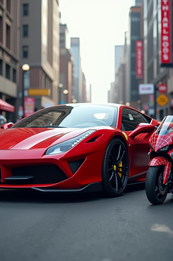 Image one car brand Ferrari and side bike Spider-Man under the car bike
