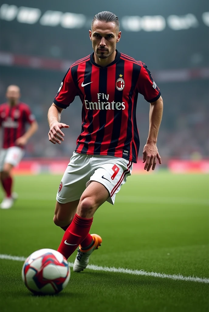 Create a photo of the player Iniesta with the AC Milan shirt on a realistic field 
