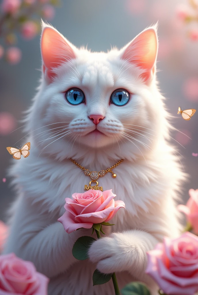 Create a white cat with blue eyes with roses in its hands and a butterfly on its nose and with a necklace on its neck that says Regina