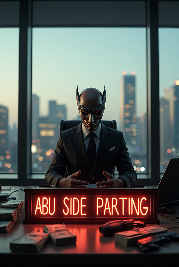 Make me a picture with the name Abu side parting with a gangster with a mask. Sitting in the office with money and cocaine on a table in a high-rise with a view of the city in front of him are credit cards and laptops and weapons on the table where you can see his whole face in front of him is a sign with the name Abu side parting what is standing there the whole picture is in 3d