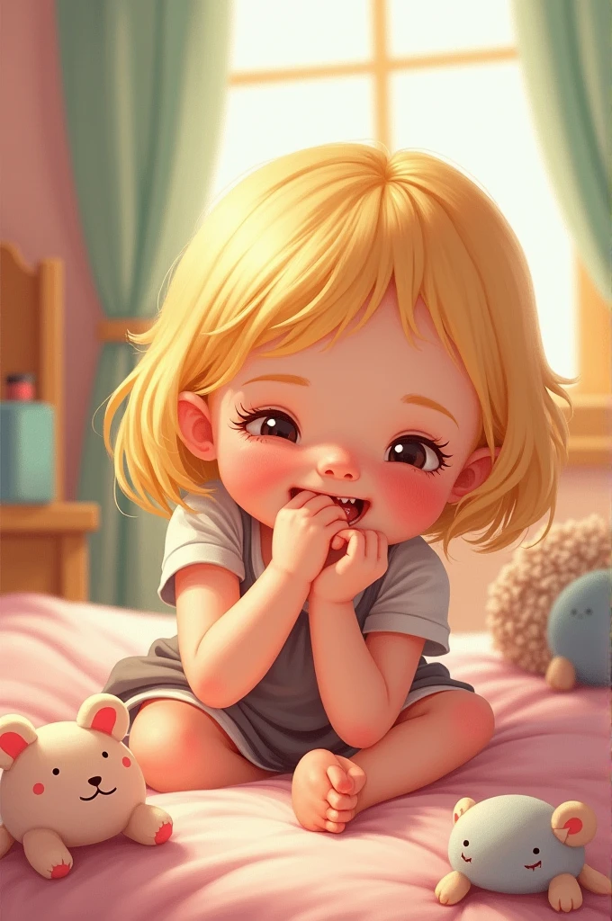 Cute blonde girl, biting arm