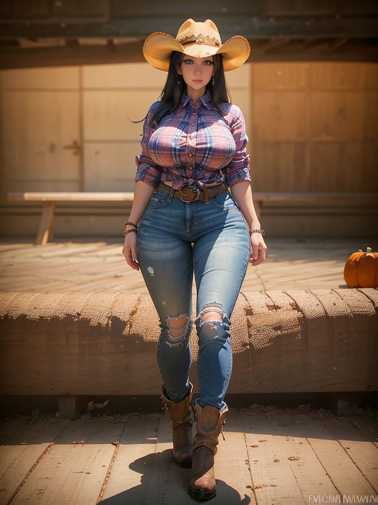 Masterpiece, art, full body shot, young beautiful woman, flawless skin, textured skin, very large firm breasts, perfect proportions, cowgirl, plaid shirt, jeans, boots, hat, gloves, farmhouse, sunshine, blue sky, pumpkin patch, anime, sexy, erotic, UHD resolution, realistic detail, realistic reflections, realistic shadows, 3D, 