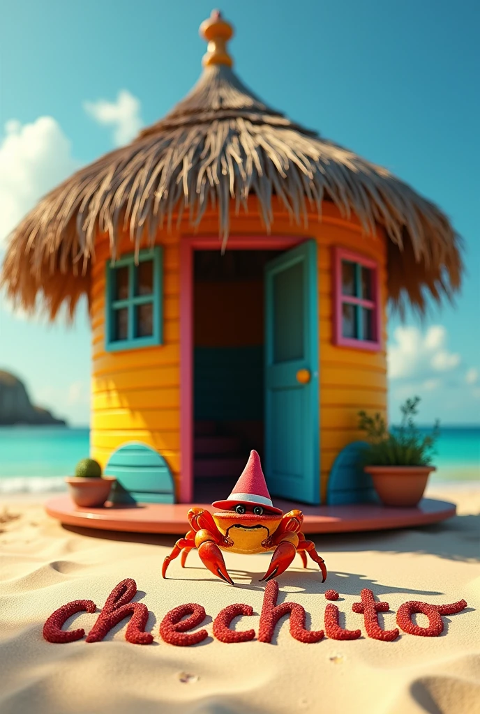 A hyperrealistic photo of a cute, colorful cabin with a smiling little fiddler crab at the door. The cabin is painted in various bright colors and has a thatched roof. The crab is wearing a tiny hat. The cabin is on a beach in Veracruz. The background is a happy, sunny day. The sand in front of the cabin has the text "Chechito".