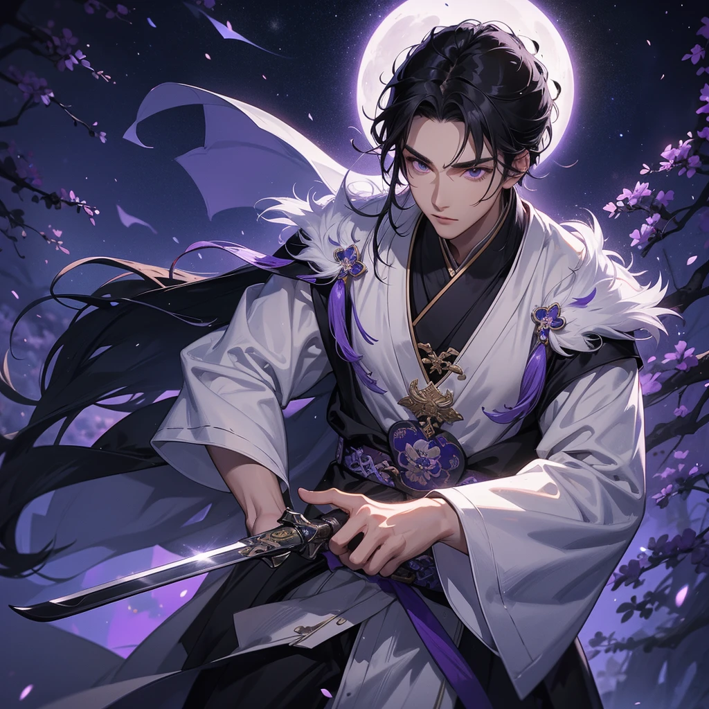 A Handsome black-hair male holding a large sword in white ancient chinese costume, Background is a dark moonless night, with dry trees in the background, and purple glowing light,close up.