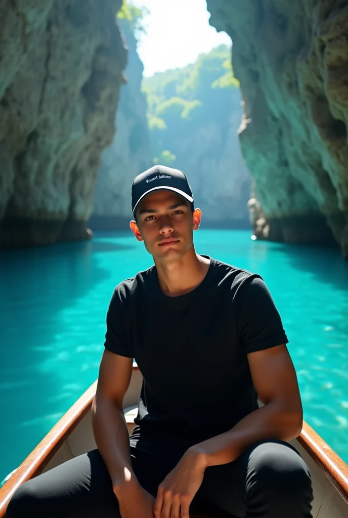 (masterpiece:1.2,Exceptional Quality,mirror-like,Cinematic Experience),8k,wallpaper,Italy,Grotta Azzurra,(Diffuse reflection of light:2.0), a 18 year younger old boy sitting on boat, the boy wearing black cap and black tshirt and lower,
YOGESH RATHOR name on the tshirt, the boy looking face to face, the boy fit body, clear face,8k, full hd