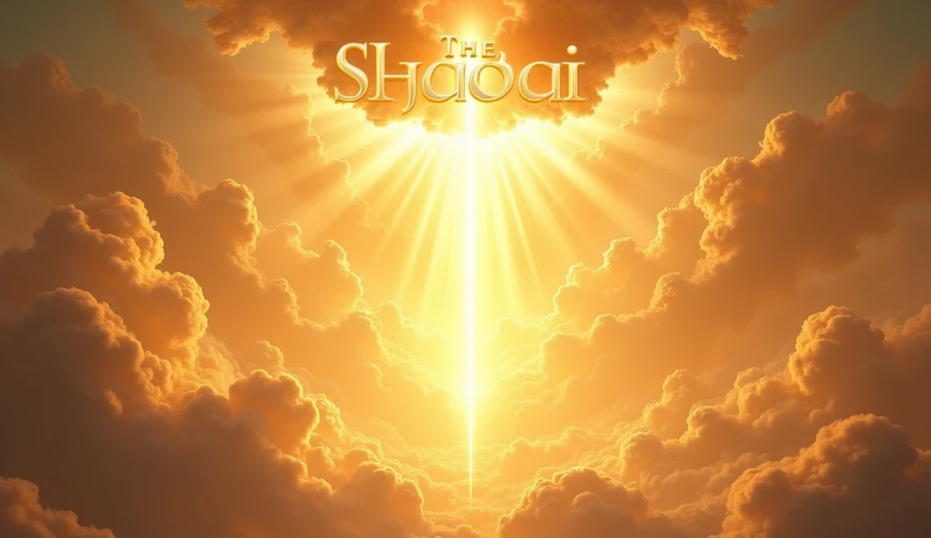 A heavenly landscape with golden clouds and rays of light descending from the sky. At the top, the name "The Shaddai" appears in large, bright letters.