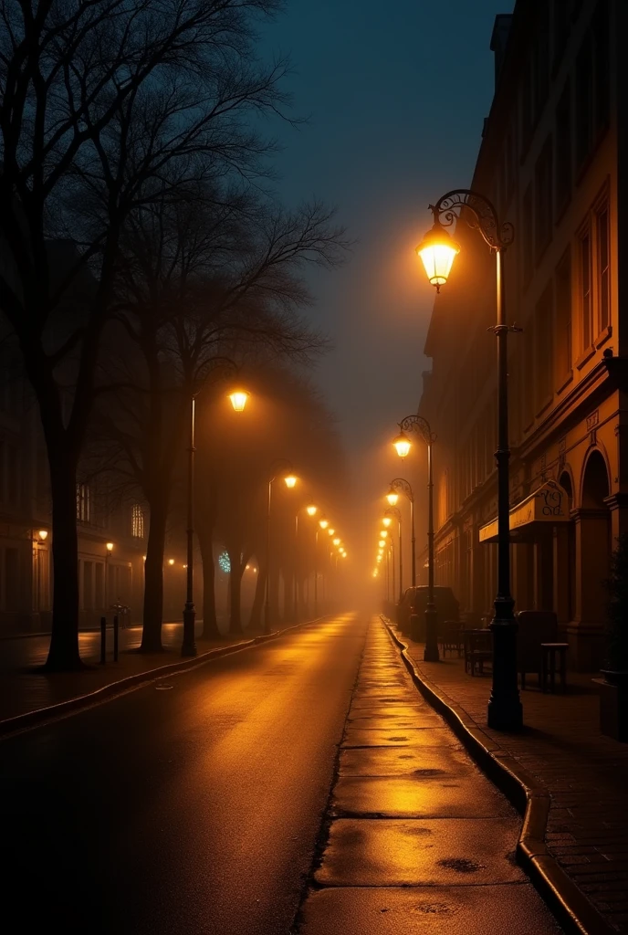 Create an empty street at night with lit streetlights