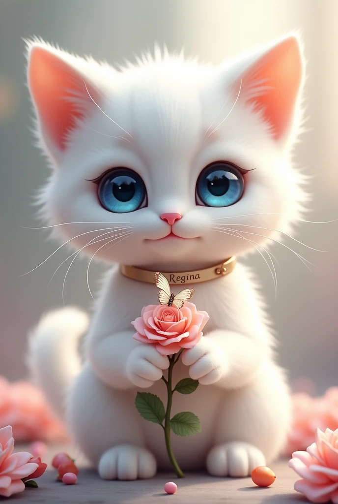 Create an adorable white blue-eyed cat with roses in its hands and a butterfly on its nose and with a collar on its neck that says Regina