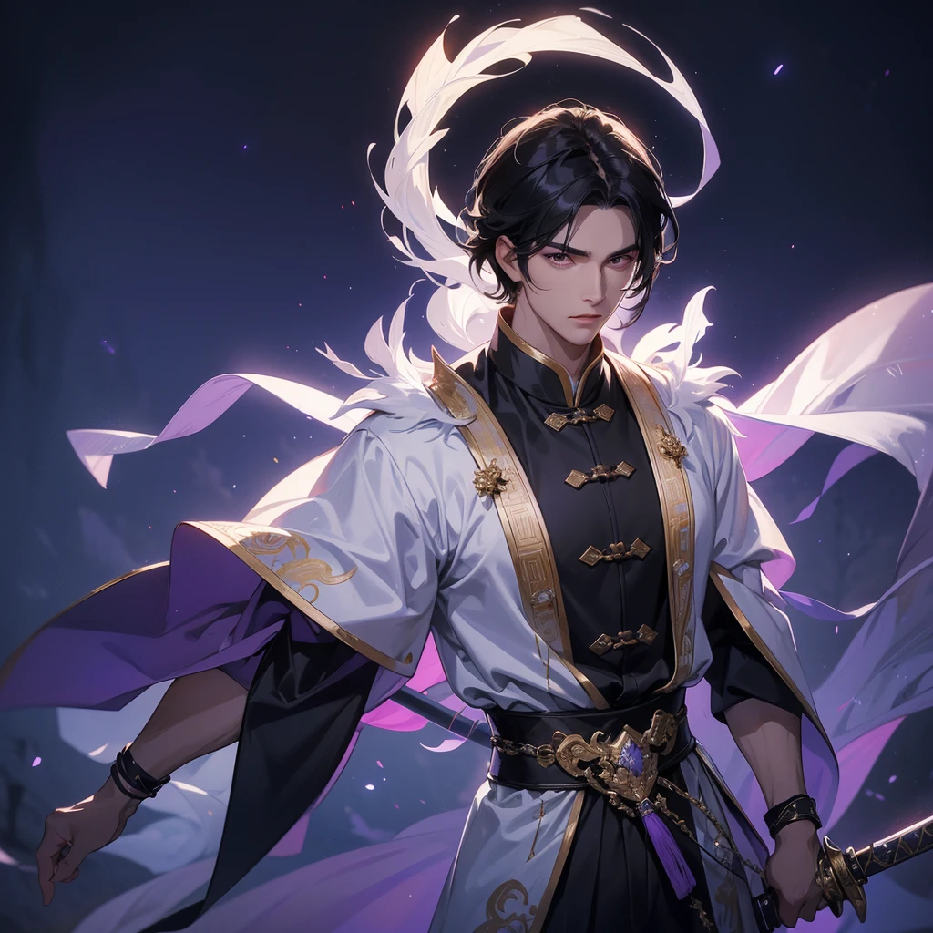 A Handsome black-hair male holding a large sword in white ancient chinese costume, Background is a dark moonless night, with dry trees in the background, and purple glowing light,close up.