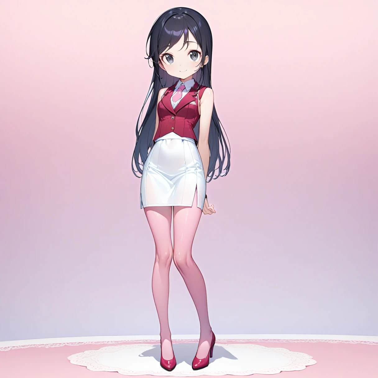 (masterpiece), (Highest quality), High resolution, (Very detailed), (Best illustrations), (Best Shadow), (so beautiful), (very cute), (Absurd), (Pink Background), (Pink Room), (Pink carpet), Round face shape
(Highly detailed face), Perfect limbs, Intricately detailed face, (High Contrast:2)
(Head to toe full body view), Take center,
My Sister Can't Be This Cute, (Aragaki Ayase), (Ayase Aragaki), ,
Black Hair, blue shiny hair, Long Hair, black eye, Round Breasts, Shyness, smile, Pitiful, round face:2.0,
Perfect limbs, Perfect Anatomy, Thin legs, Long legs, Five perfect fingers, One person, so beautiful少女, very cute少女, Big eyes, slender, Tight waist,
Beautiful Skin, Wet, sexy, Charm, full body of a young girl,
(One person、solo:1.0), Full Shot, panoramic,
(Red suit : (Suit jacket:1.2) + (Suit vest) + A clean white blouse + Slim Pencil Skirt + Pink tie), (See-through pink pantyhose + Red high heels),
(Are standing), (Legs slightly apart), View from the front,