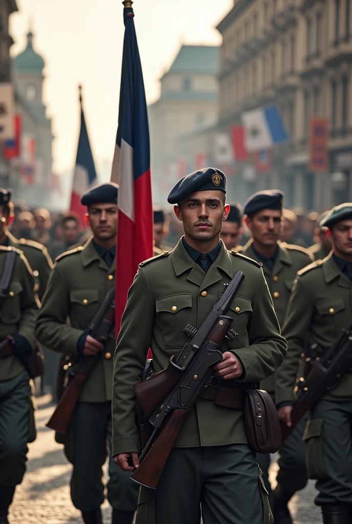 Imagine des soldats français équipés comme en 1940 défilant fièrement à Berlin avec le drapeau français, certains portent aussi un béret basque et la population est mitigée face à leurs défaites 
Donne leurs des fusil MAS36 et le sourire 