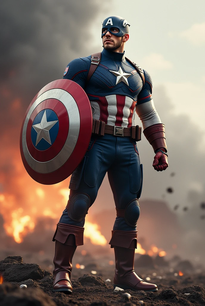 Captain America holding the shield with his right hand in a battle stance