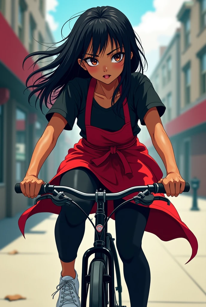 Here you have a detailed prompt:
"An anime style girl, about 20 years old, with dark skin and a somewhat robust complexion, having masculine features. Her hair is long, Black and messy, with brown pupils and noticeable dark circles. He wears a black shirt, a red apron, black pants and white tennis shoes. Riding a black bike, cool pose."