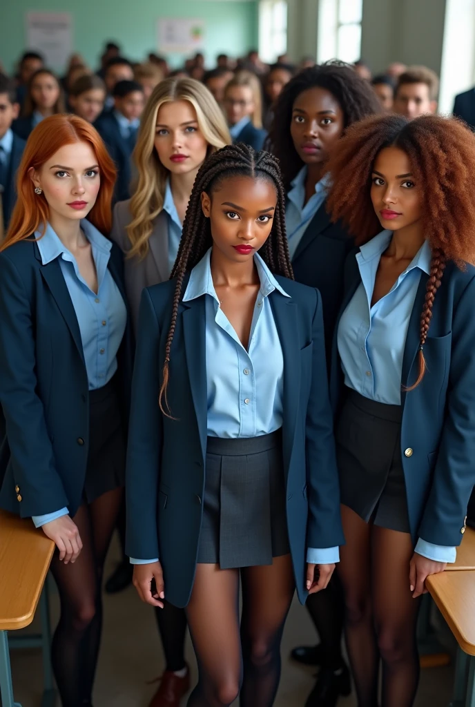 (best quality), (masterpiece:1.2), wide angle photo, full body photo, group photo, 5 women schoolwomen, 2, young faces, innocent faces, skin imperfections, acne, perfect ruby lips, smiling wistfully, diverse ethicities: ebony, black, white, nordic, indian, diverse hair colors: redhead, blonde, afro, twin braids, heavy freckles, pale skin, makeup, earings, crowded classroom, morning, school, crowd of people, school uniforms, unbottoned blue shirts, tight shirt, alluring pose, black stockings, open jacket, sexy neckline, large neckline, 16k, photorealistic, real photo, nikon d800, (YES SFW)