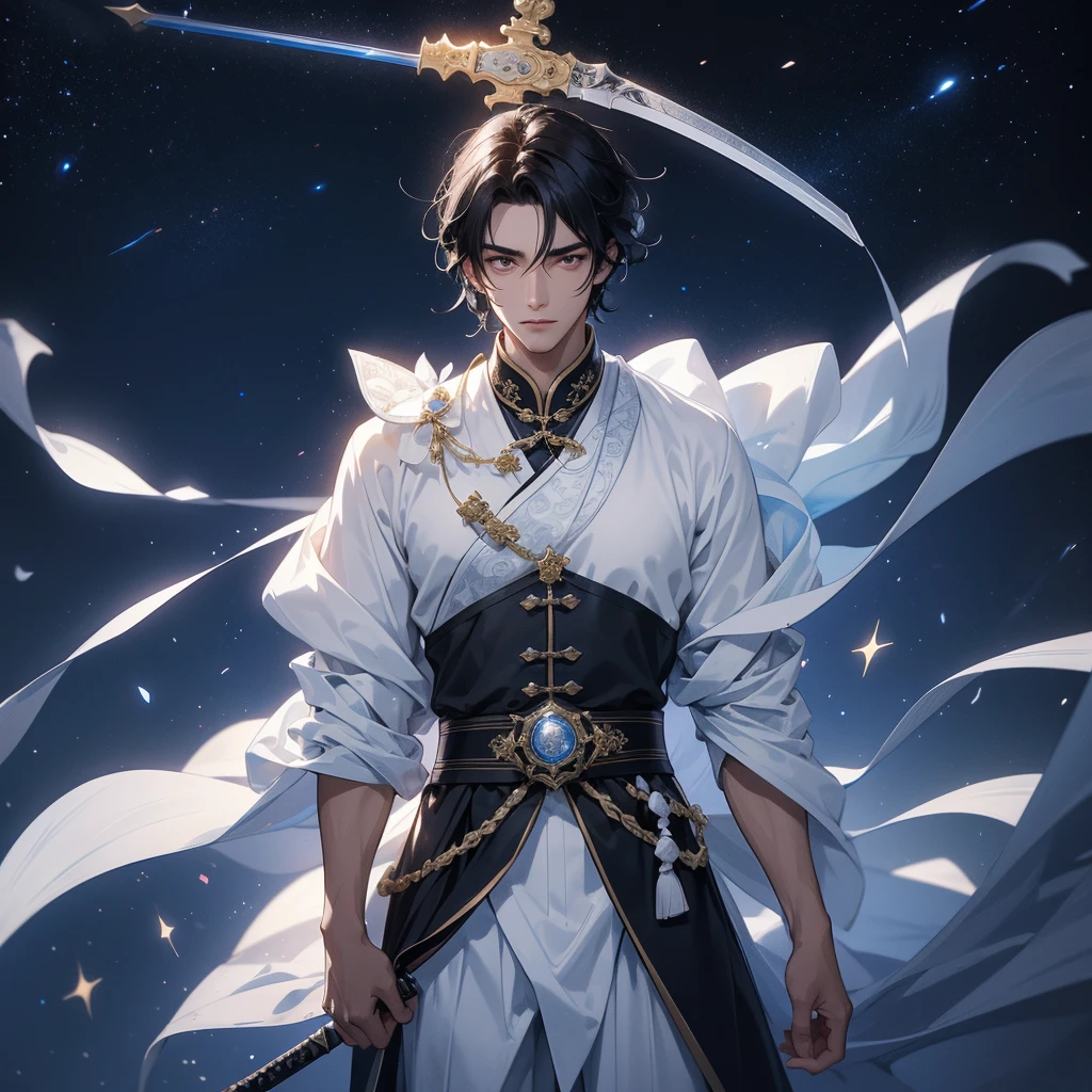 A Handsome black-hair male holding a large sword in white ancient chinese costume, Background is a dark night, with moonlight and millions of stars, twinkling everywhere, with blue light, close up.