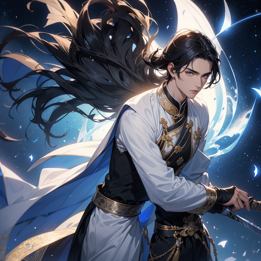 A Handsome black-hair male holding a large sword in white ancient chinese costume, Background is a dark night, with moonlight and millions of stars, twinkling everywhere, with blue light, close up.