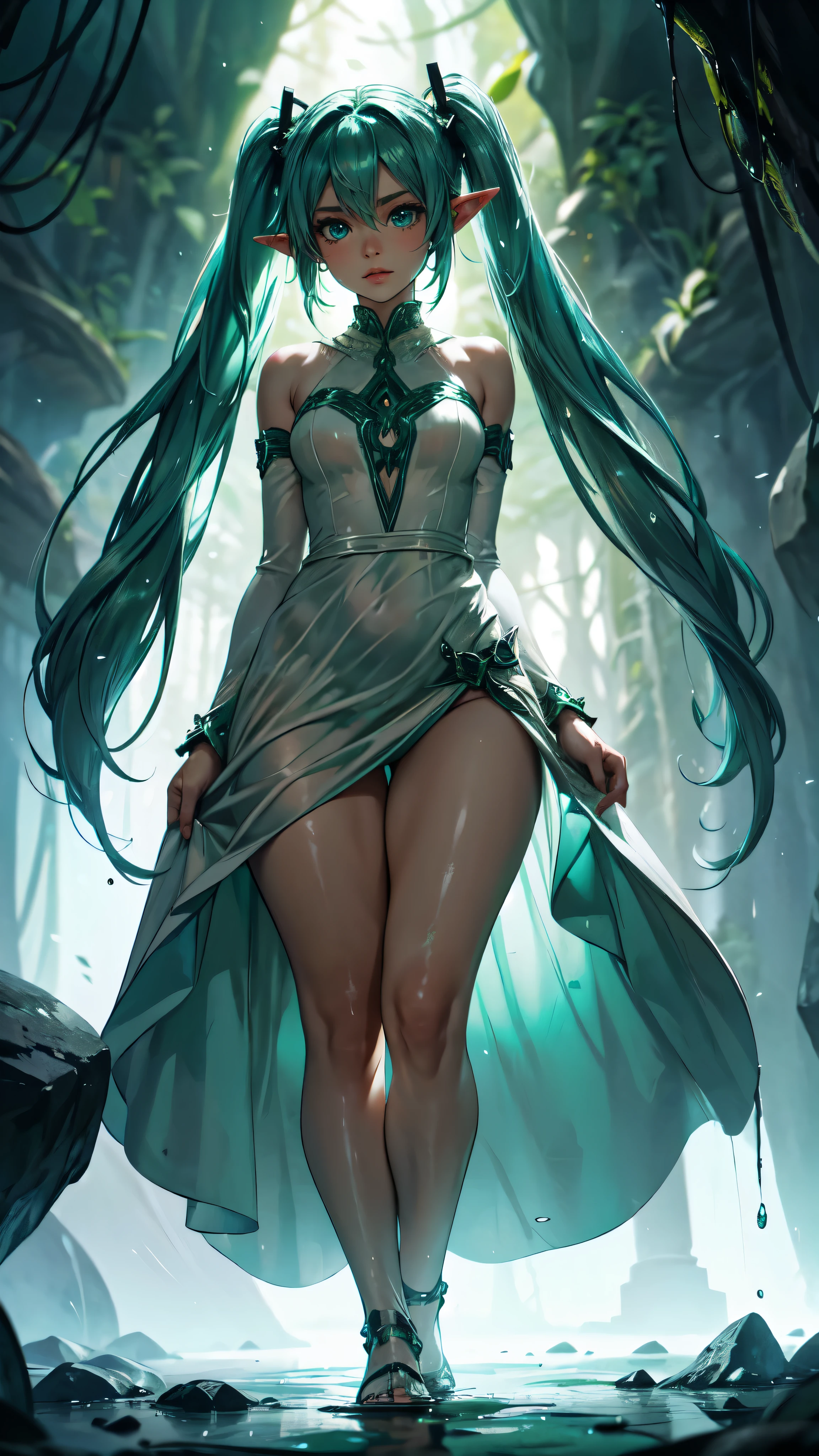 Within a dark cave with an opening at the top, zenithal lighting, bright plants gently illuminating the surroundings with a green hue, thick thighs, wide hips, mature female, (dramatic light:1.3), woman, hatsune miku, solo, dress, flower, long hair, white dress, twintails, very long hair, hol,detailed eyes, detaield hands, detailed face, elf woman, full body, wet,drops of water,wet