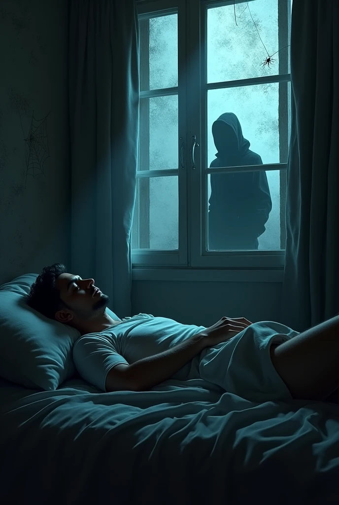 Latin man lying on his bed, open windows, evening, gloomy atmosphere, dark shadow approaches him, spider web in the form of steam on the window