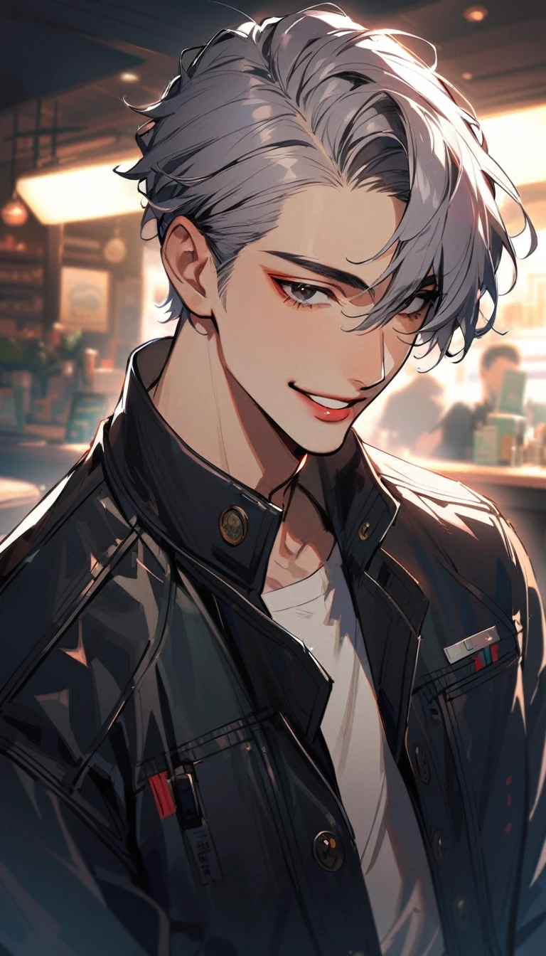1handsome boy, solo, grey hair , black eyes, barber cut, lips, smile, kind expression, opened mouth, wears a black jacket