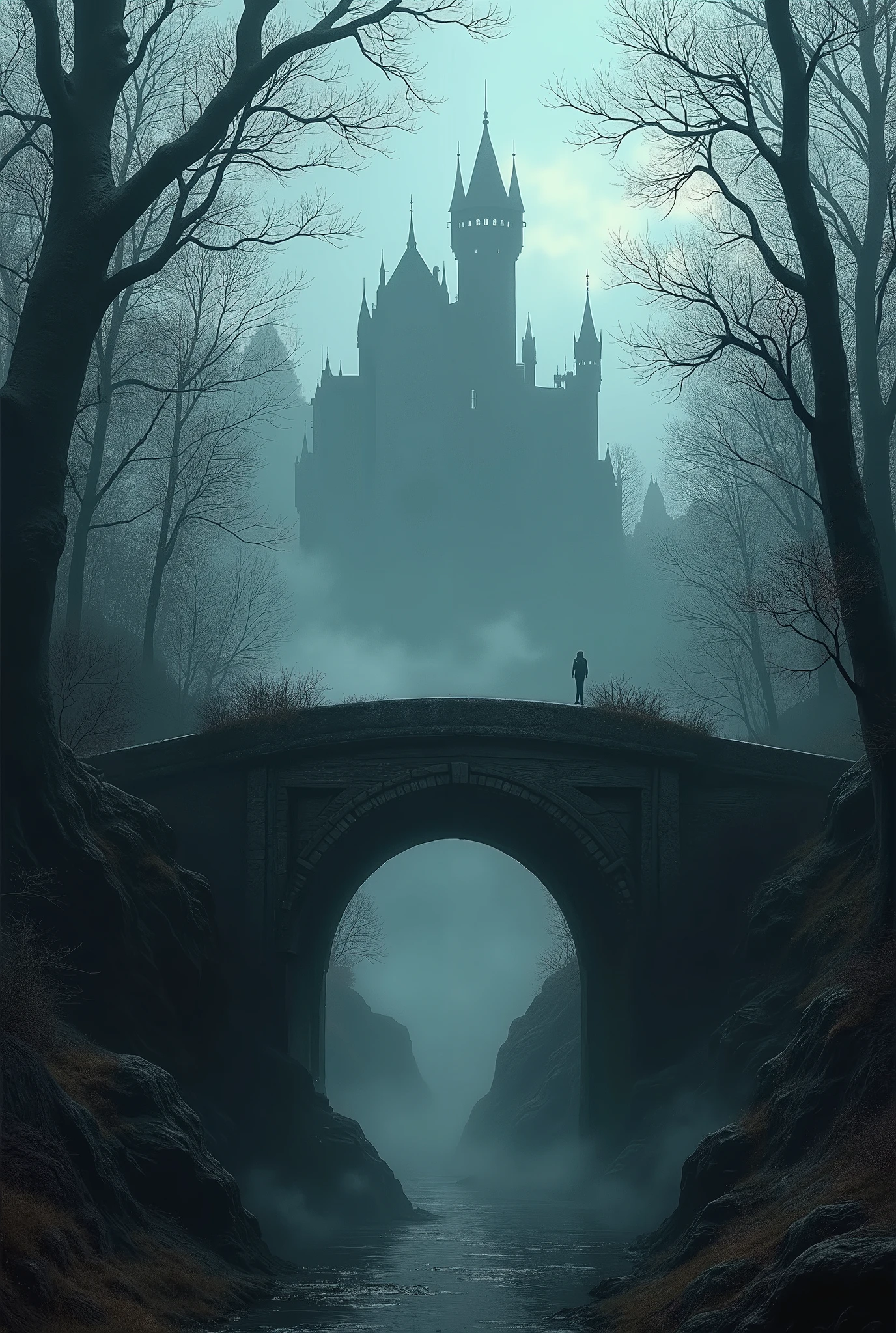 dark image of bridge in dark forest with castle in background, a matte painting, inspired by Andreas Rocha, winner of the cgsociety competition, fantasy art, moody misty fantasy art, dark fantasy art, dark fantasy landscape, dark fantasy concept art, fantasy horror art, dark fantasy art, fantasy dark art, dark fantasy artwork, dark fantasy setting