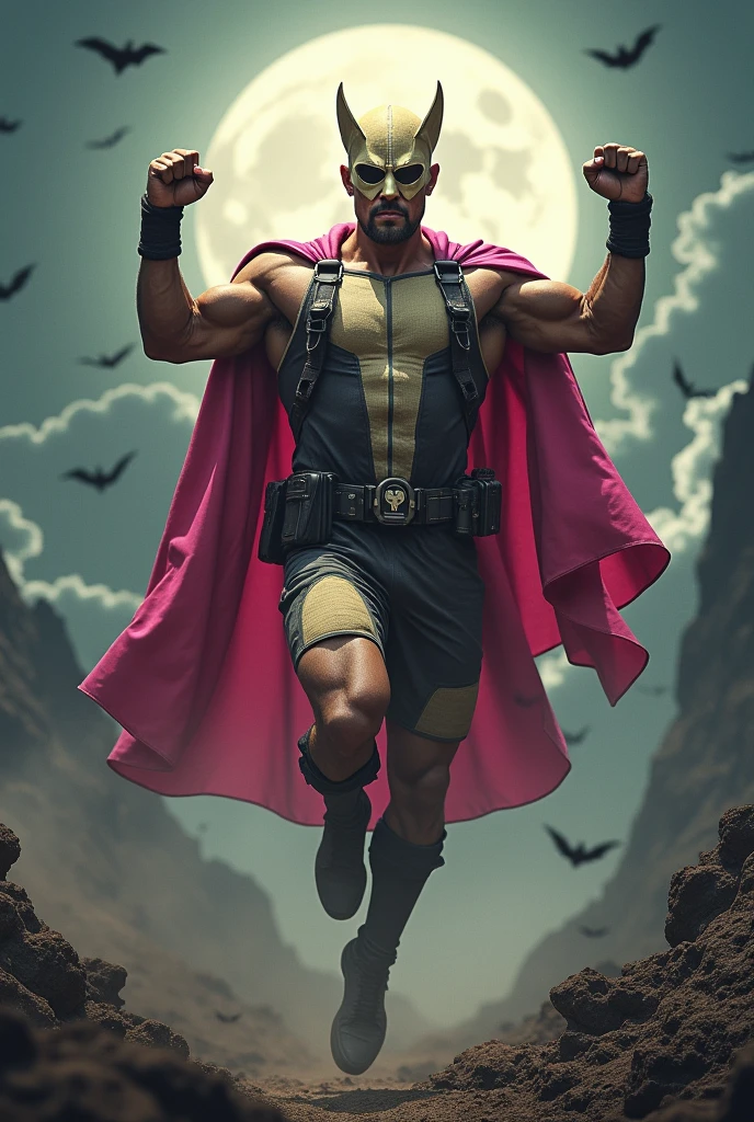 Close up portrait . Malaysia man in high-tech suit, vivid effects, malaysian superhero(( (KELUANG MAN)) in a jumpsuit cargopink and brown beige costume cyberpunk design((, mask small mini bat ear beige,))(( beige bat mask domino beige cover head helmet))jumpsuit dark pink stands confidently in a dramatic.jumping from high place.hero costume.one hand rise up. (Small punisher in triangle shape on chest.). jumping from hight place. Fighting pose , stormy landscape. ((Head covered node guard like batman.)) Running pose , athletic body type, small mini ear bat mask))The character wears domino mask a helmet with pointed mini torn ears and a flowing cape biege, open nose and mouth. Equipped with visible futuristic weapons on a belt,bullet proof jacket pink dark day.show fingers pose, dark night, big supermoon effect . Small logo on chest triangle shape small ((mitch gerads punisher ) )). rocky. Building top.smoke ground , bomb effect background((, losse pants, losses costume.))adding to --ar 3:4 --style raw --stylize 500 --v 6.1. chaos. Lot of small flying bat.two Hand ride up , open legs up one leg down in standby for jumping in high place. One leg on the high stone. Man. Backpack . Real man age 40 year old. One hand holding belt. Jump from high place. Open cape.two hand holding pistol