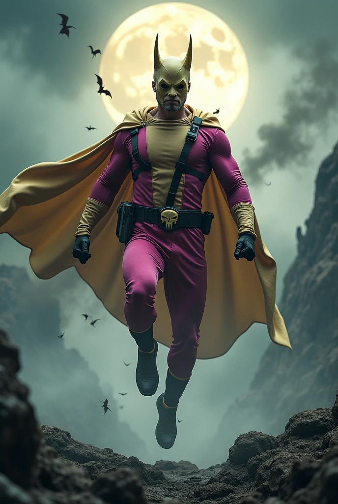 Close up portrait . Malaysia man in high-tech suit, vivid effects, malaysian superhero(( (KELUANG MAN)) in a jumpsuit cargopink and brown beige costume cyberpunk design((, mask small mini bat ear beige,))(( beige bat mask domino beige cover head helmet))jumpsuit dark pink stands confidently in a dramatic.jumping from high place.hero costume.one hand rise up. (Small punisher in triangle shape on chest.). jumping from hight place. Fighting pose , stormy landscape. ((Head covered node guard like batman.)) Running pose , athletic body type, small mini ear bat mask))The character wears domino mask a helmet with pointed mini torn ears and a flowing cape biege, open nose and mouth. Equipped with visible futuristic weapons on a belt,bullet proof jacket pink dark day.show fingers pose, dark night, big supermoon effect . Small logo on chest triangle shape small ((mitch gerads punisher ) )). rocky. Building top.smoke ground , bomb effect background((, losse pants, losses costume.))adding to --ar 3:4 --style raw --stylize 500 --v 6.1. chaos. Lot of small flying bat.two Hand ride up , open legs up one leg down in standby for jumping in high place. One leg on the high stone. Man. Backpack . Real man age 40 year old. One hand holding belt. Jump from high place. Open cape.two hand holding pistol