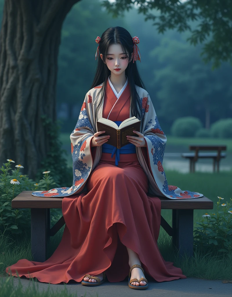 (((Hyperrealistic young Japanese woman))), (((woman standing alone))), Delicate and beautiful face, beautiful black eyes, His face expresses peace, calm, funny, beautiful red blue and white kimono, wooden sandals, sitting, reading a book in the park, full body girl in the park, night image, hyperrealistic image, vivid colors, photographic quality