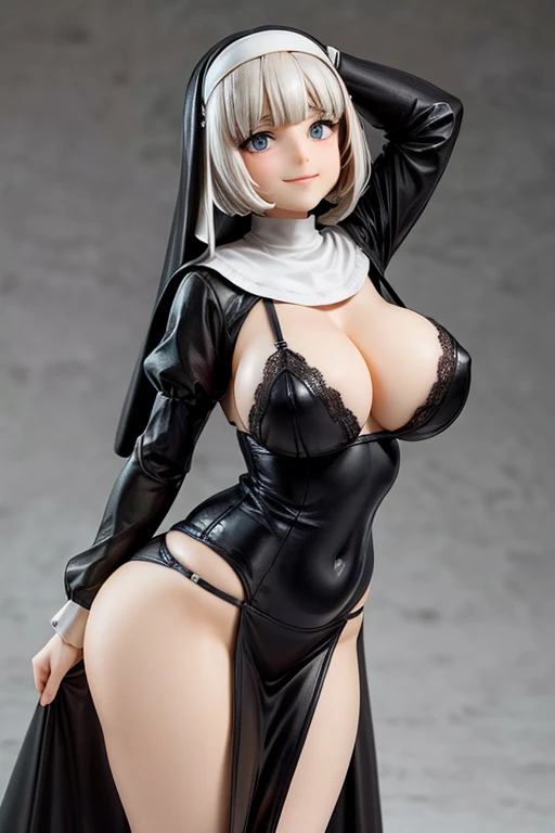 figure, nun, sexy pose, big breasts, curvy, smile, bob haircut, lace lingerie
