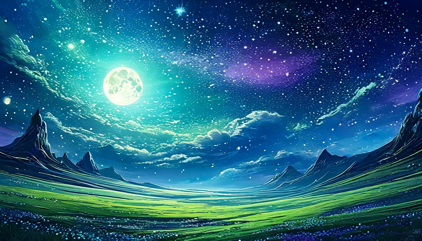The moon is surrounded by many, Many shining stars. The starry sky twinkles,Brighter light trails. Surreal scene. Beautiful charming composition. Subtle shadows and highlights. Navy blue, Light blue and green, and purple tones. More color levels. Unpredictable vibrant tones dynamic high-detail HD movie close-up magical fantasy beautiful digital art