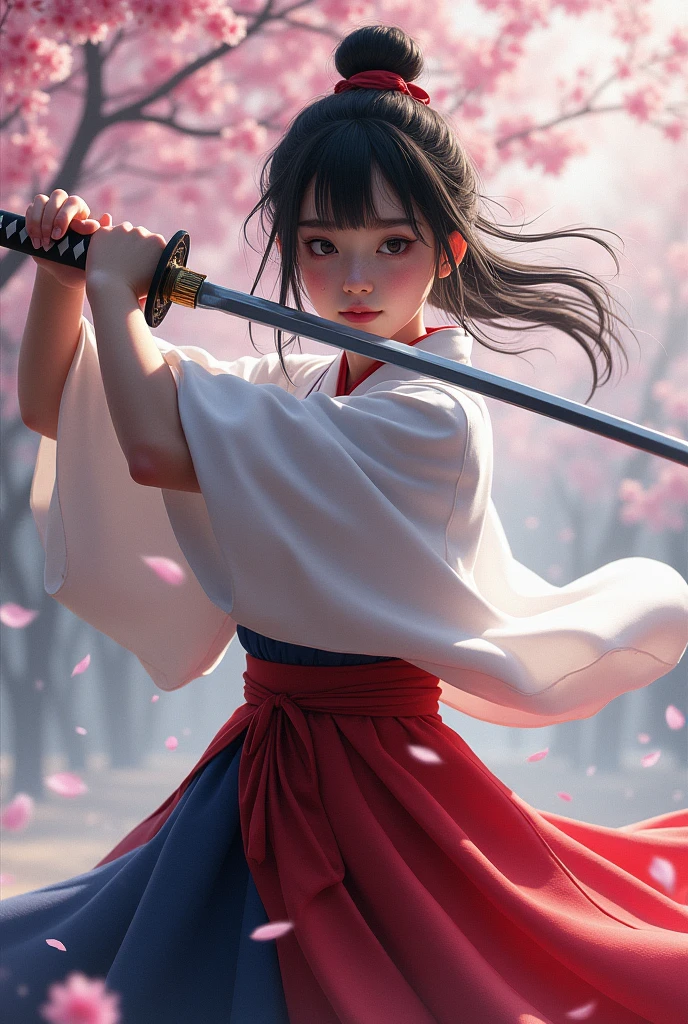 Hakama reminiscent of the French flag、Brandishing a Sword、Very sensitive skin、I have a few freckles、SakuraFubuki、Also々Shii、Cute girl、Cool posture