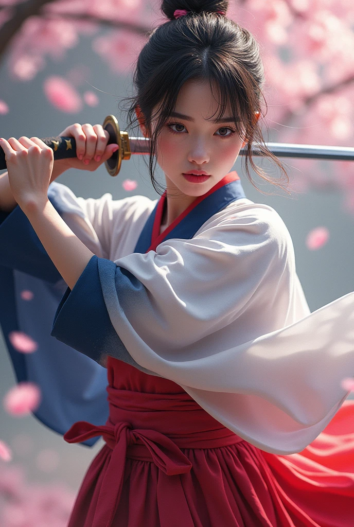 Hakama reminiscent of the French flag、Brandishing a Sword、Very sensitive skin、I have a few freckles、SakuraFubuki、Also々Shii、Cute girl、Cool posture