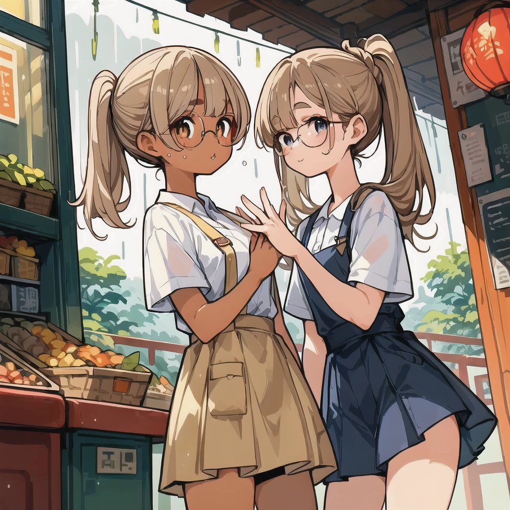 two girls，stand together，looking at each other，Holding each other&#39;s hands tightly，
A girl has brown hair color，Double ponytail big wavy curls，Wearing school uniform，Wearing large round thick-rimmed glasses，Short skirt，stocking，Smile，Round lower body，Buttocks are bigger。Fleshy body。
another girl，Bob head，black hair，length to shoulder，Eyebrows are slightly thick，Sagging eyes，Wearing 4XL large size T,Shoulders exposed，Smile。Look at each other，Carrot pattern printed on clothes，A bit shorter，Clothes length to knee。
It was raining heavily，Two people standing on the street，Soaked all over，Transparent clothes，Warm picture，third person bird&#39;s eye view，NSFW