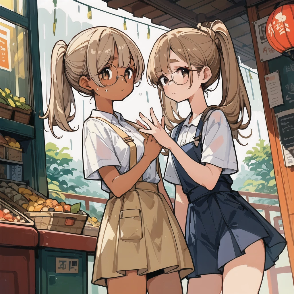 two girls，stand together，looking at each other，Holding each other&#39;s hands tightly，
A girl has brown hair color，Double ponytail big wavy curls，Wearing school uniform，Wearing large round thick-rimmed glasses，Short skirt，stocking，Smile，Round lower body，Buttocks are bigger。Fleshy body。
another girl，Bob head，black hair，length to shoulder，Eyebrows are slightly thick，Sagging eyes，Wearing 4XL large size T,Shoulders exposed，Smile。Look at each other，Carrot pattern printed on clothes，A bit shorter，Clothes length to knee。
It was raining heavily，Two people standing on the street，Soaked all over，Transparent clothes，Warm picture，third person bird&#39;s eye view，NSFW