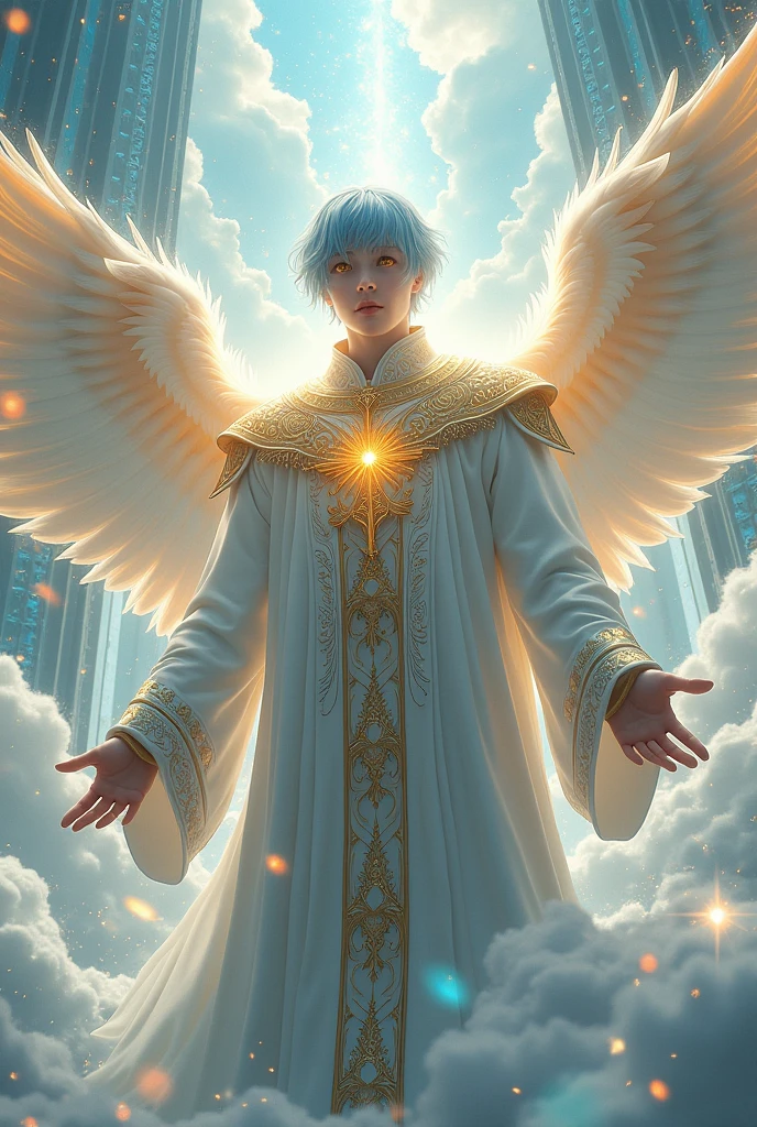 light blue hair, blunt bangs, orange eyes, handsome, white priest's clothes, long sleeves with colorful gold embroidery, many gold ornaments, holy, Myth, saint, angels, archangel with birds, transparent glass marble, glass Palace, shining wings, spray of water, rainbow light, heaven, swans, the gates of heaven, enormous clouds, grand and mysterious, wind swirling, sacred light, sunlight, sunshine, blue sky, dynamic angle, levi ackerman