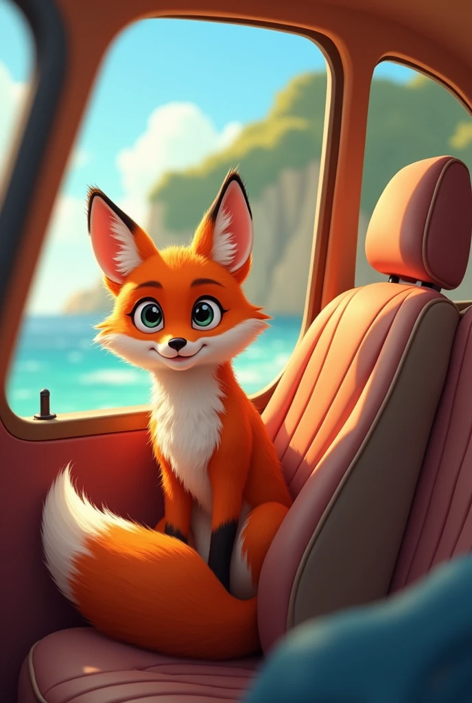Male young fox as a cartoon character sits in the back of the car and the fox parents in the front, go on holiday, Car seen from the side
