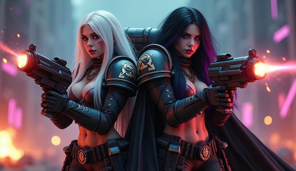 Full body pose sexy sisters of battle from the warhammer 40k, wounded in war, blood covered, shooting at the enemy, red space marine armor with intricate details, white space marine armor with intricate details, symbols on the armor, sisters of battle, warhammer 40k, Massive exposed silicone breast, pale skin, seductive, temptation, eat your soul, clevage, long white flowing hair, long black flowing hair with purple highlights, heavy gothic makeup, at night, neon, beautiful detailed eyes, beautiful detailed lips, extremely detailed eyes and face, long eyelashes, highly detailed space marine armor, intricate futuristic laser weaponry, dramatic lighting, cinematic composition, muted color palette, gritty and realistic, mecha, science fiction, hyper-detailed, photorealistic, award winning digital art, 8k, HDR, masters work, in the middle of a battle field, explosions and fire around, full war, stunning, cinematic, shooting at the enemy