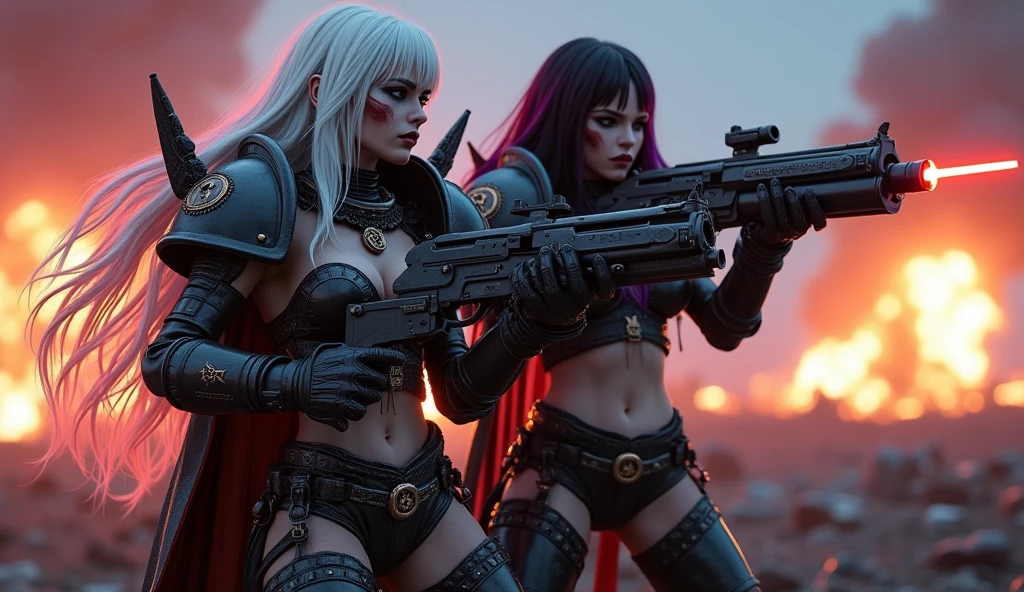 Full body pose sexy sisters of battle from the warhammer 40k, wounded in war, blood covered, shooting at the enemy, red space marine armor with intricate details, white space marine armor with intricate details, symbols on the armor, sisters of battle, warhammer 40k, Massive exposed silicone breast, pale skin, seductive, temptation, eat your soul, clevage, long white flowing hair, long black flowing hair with purple highlights, heavy gothic makeup, at night, neon, beautiful detailed eyes, beautiful detailed lips, extremely detailed eyes and face, long eyelashes, highly detailed space marine armor, intricate futuristic laser weaponry, dramatic lighting, cinematic composition, muted color palette, gritty and realistic, mecha, science fiction, hyper-detailed, photorealistic, award winning digital art, 8k, HDR, masters work, in the middle of a battle field, explosions and fire around, full war, stunning, cinematic, shooting at the enemy