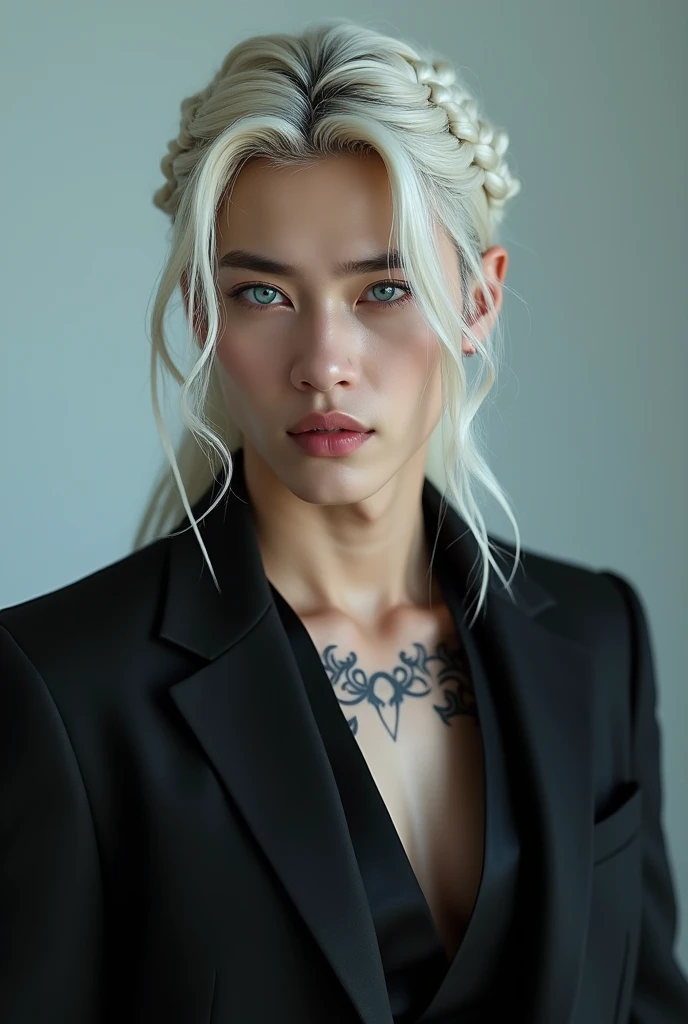 An image of BTS&#39; Jimin with long platinum white hair in a single braid, he wears a black suit and has slightly muscular tattoos6. Your eyes are turquoise blue 

