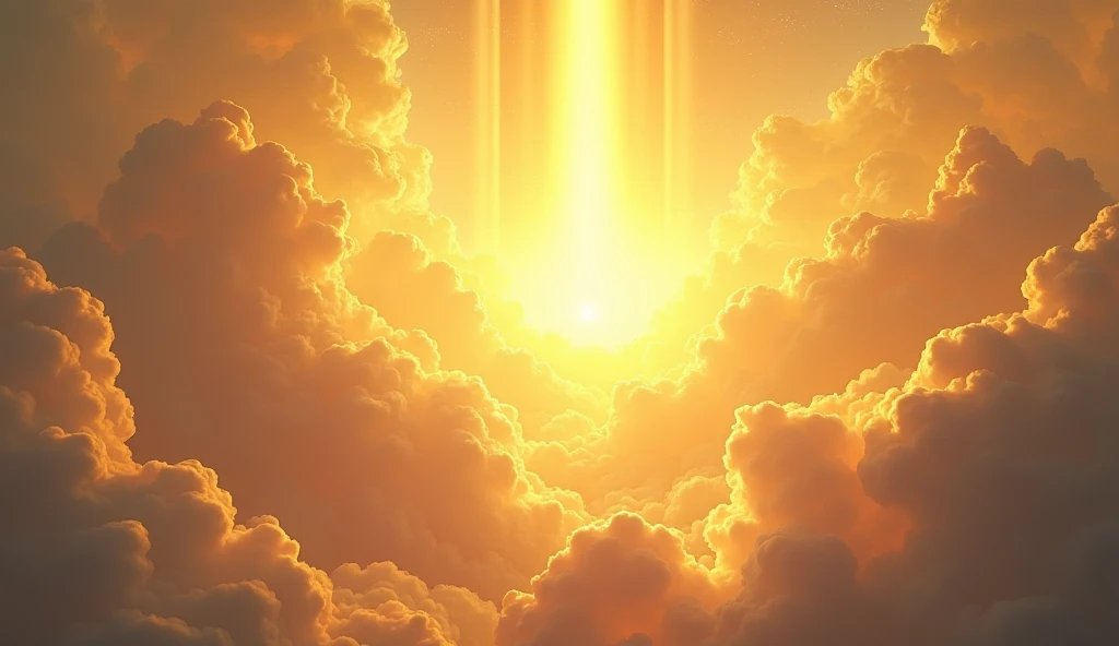 A heavenly landscape with golden clouds and rays of light descending from the sky.