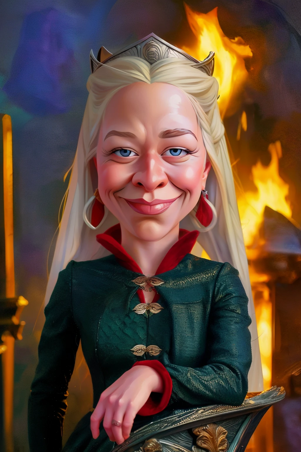 (((caricature style: 1.5))), exaggerated features, bold lines, vibrant colors, digital painting, cartoonish, big head, smiling, long neck,  (( Rhaenyra Targaryen caricature, exaggerated features, silver hair flowing in the wind, intense purple eyes)) , Wearing a crow, regal yet determined expression, dragon scales subtly integrated into her clothing, sitting on an iron throne made of dragon bones, background of a burning city, dramatic lighting, digital painting, cartoonish, bold lines, vibrant colors, high contrast, sharp details, fantasy elements, medieval atmosphere, epic and powerful, (masterpiece: 2), best quality, ultra highres, original, extremely detailed, perfect lighting
