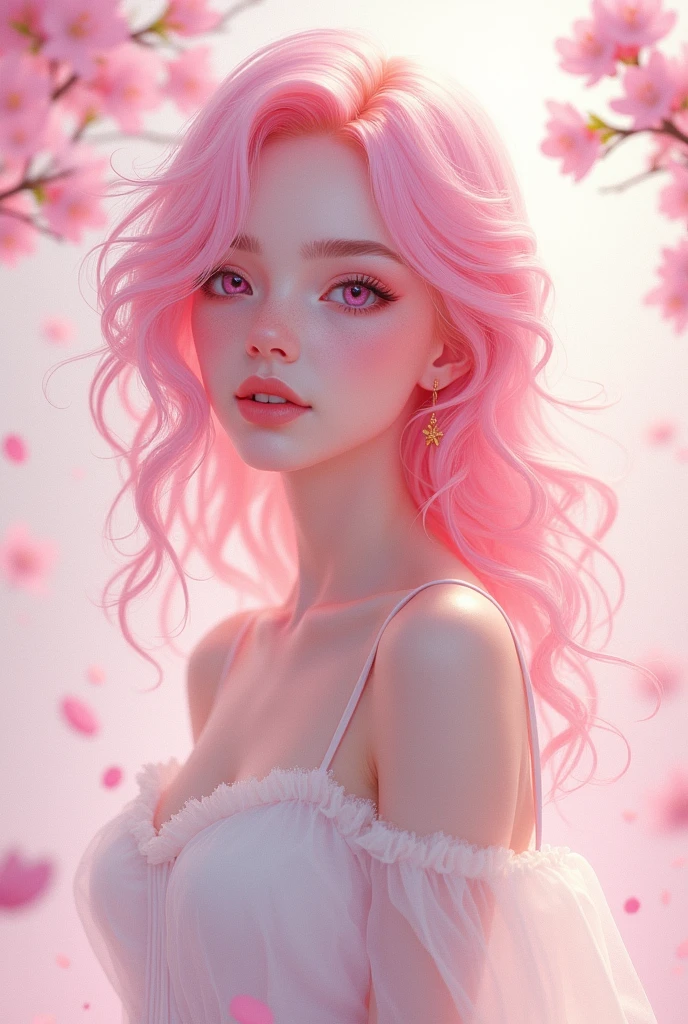 Light pink hair, pink eyes, pink and white, sakura leafs, vivid colors, white dress, paint splash, simple background, ray tracing, wavy hair