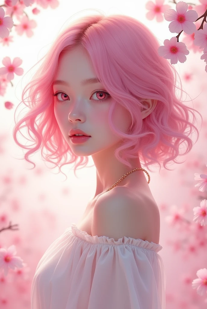 Light pink hair, pink eyes, pink and white, sakura leafs, vivid colors, white dress, paint splash, simple background, ray tracing, wavy hair