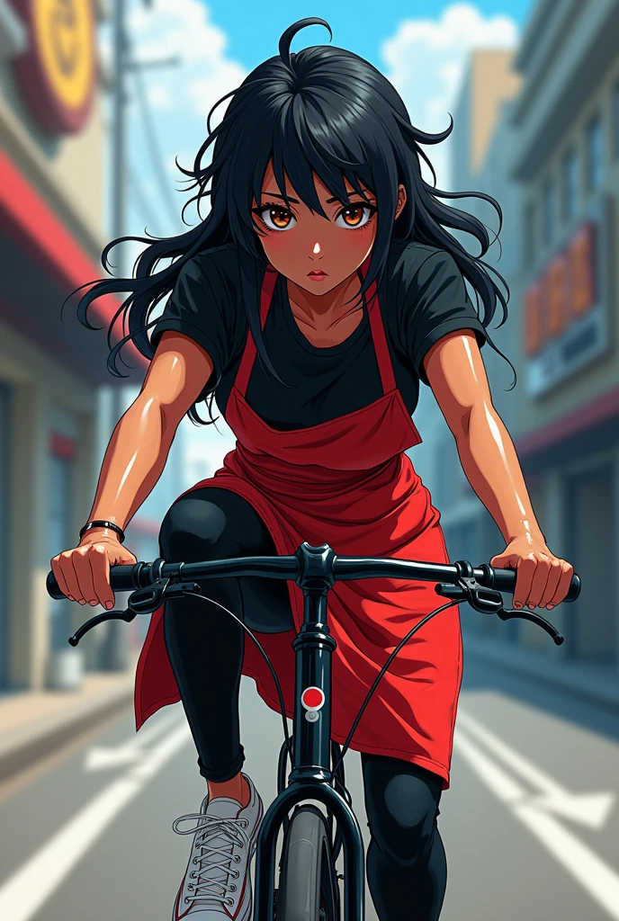 Here you have a detailed prompt:
"An anime style girl, about 20 years old, with dark skin and a somewhat robust complexion, having masculine features. Her hair is long, Black and messy, with brown pupils and noticeable dark circles. He wears a black shirt, a red apron, black pants and white tennis shoes. Riding a black bike, cool pose."