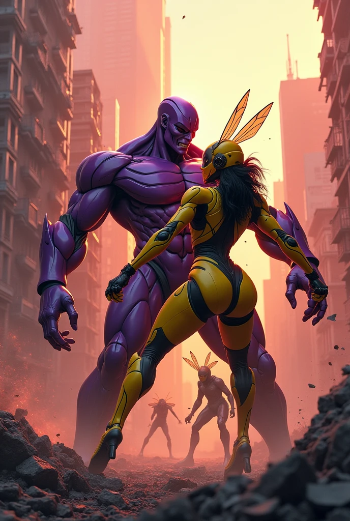 (photorealism: 1.2), villain, muscular man, dressed in a purple futuristic suit, wearing a purple helmet, fighting a heroine with a yellow futuristic suit, with a futuristic helmet, with the wasp-style suit, exterior , destroyed city, villains and heroes fighting in the background, destroyed buildings, reddish sky, warm colors