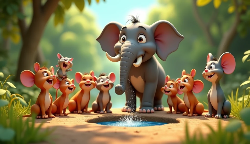 3d cinematic cartoon style "All animals happily with Mouse Chiku and big elephant Mohan drinking clean water from the newly cleared well, looking relieved and grateful"