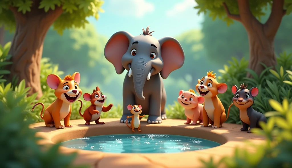 3d cinematic cartoon style "All animals happily with Mouse Chiku and big elephant Mohan drinking clean water from the newly cleared well, looking relieved and grateful"