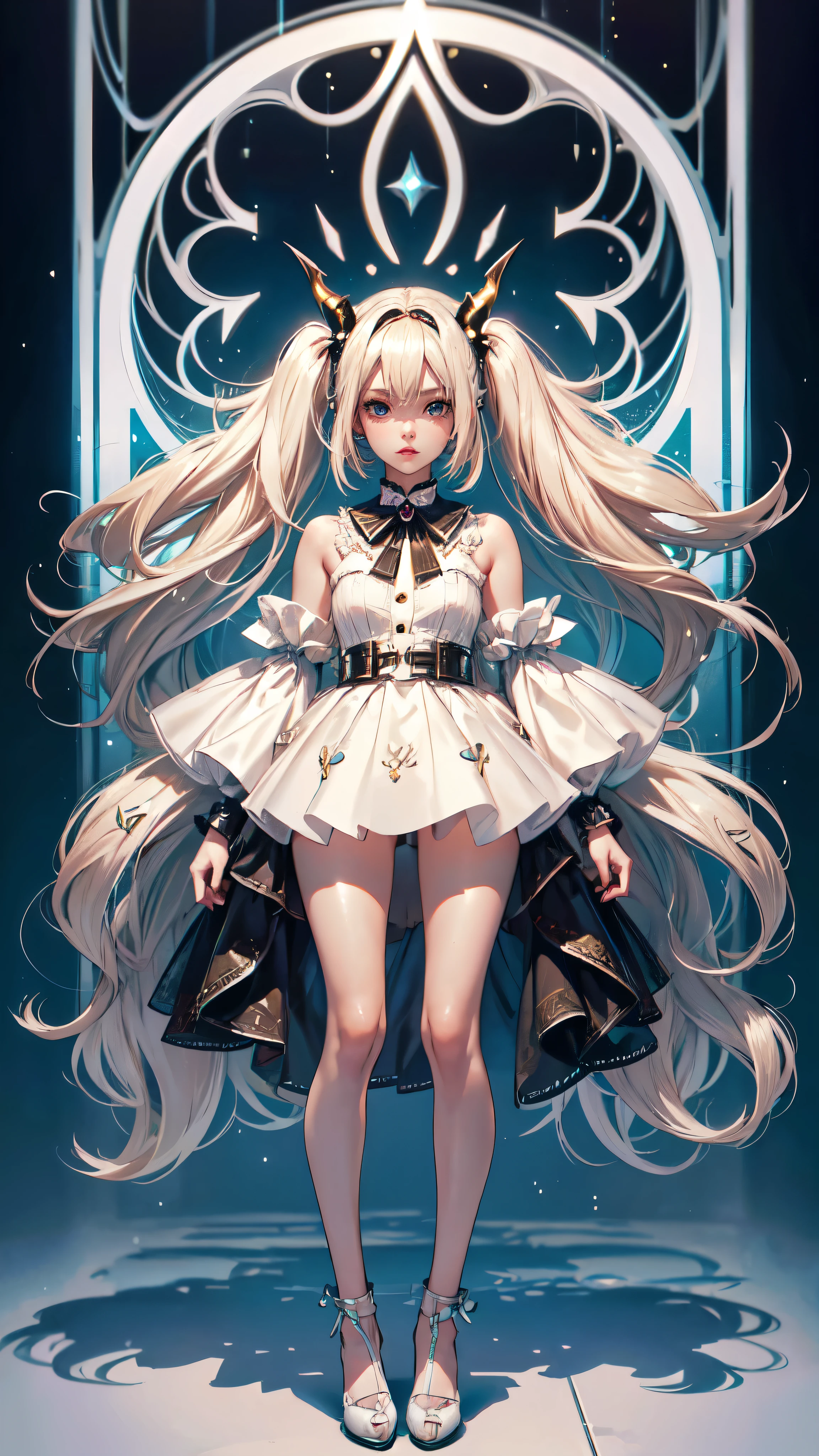 1 girl, adult woman, Alone, g0ld3mb, air, (platinum blonde hair) hair, hime cut, (kawaii hair clips:1.2) high quality, Best Quality, high resolution, High detail, (airen aura magic), hair uplifted, horns., wet hair,full body,detailed face, detailed hands, full body, long legs