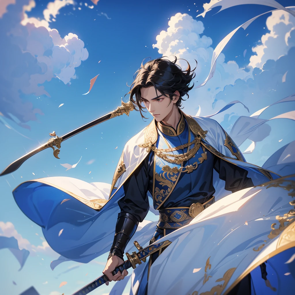 A Handsome black-hair male holding a large sword in an ancient chinese costume, Background is a blue sky, with low floating blue clouds all over the area