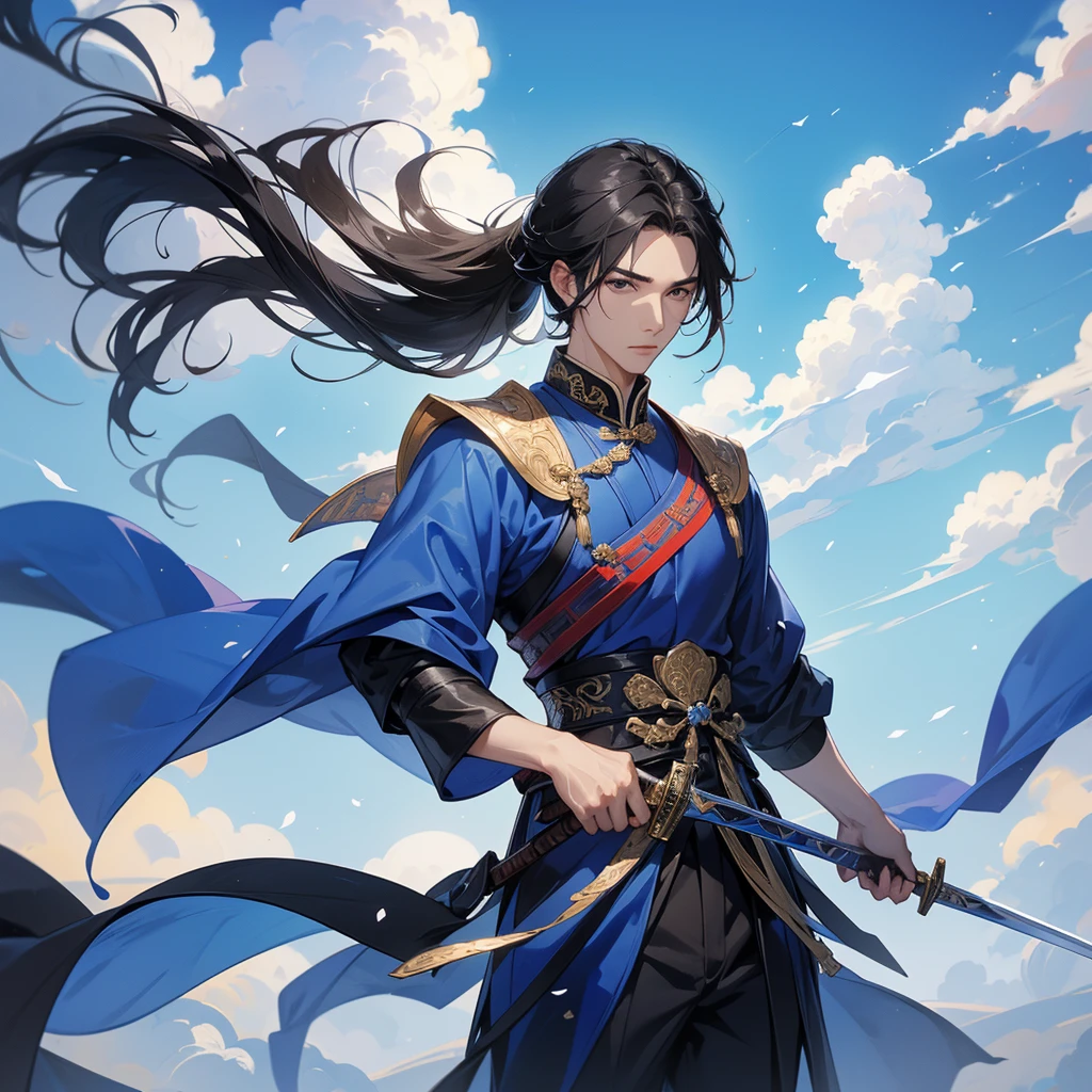 A Handsome black-hair male holding a large sword in an ancient chinese costume, Background is a blue sky, with low floating blue clouds all over the area